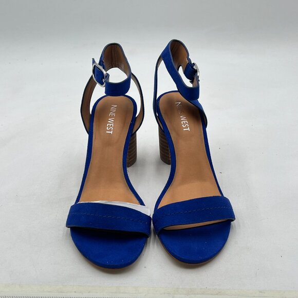NINE WEST Blue Open Toe Ankle Strap Sandals Chunky Heels Buckle Dance Shoes - Picture 2 of 7